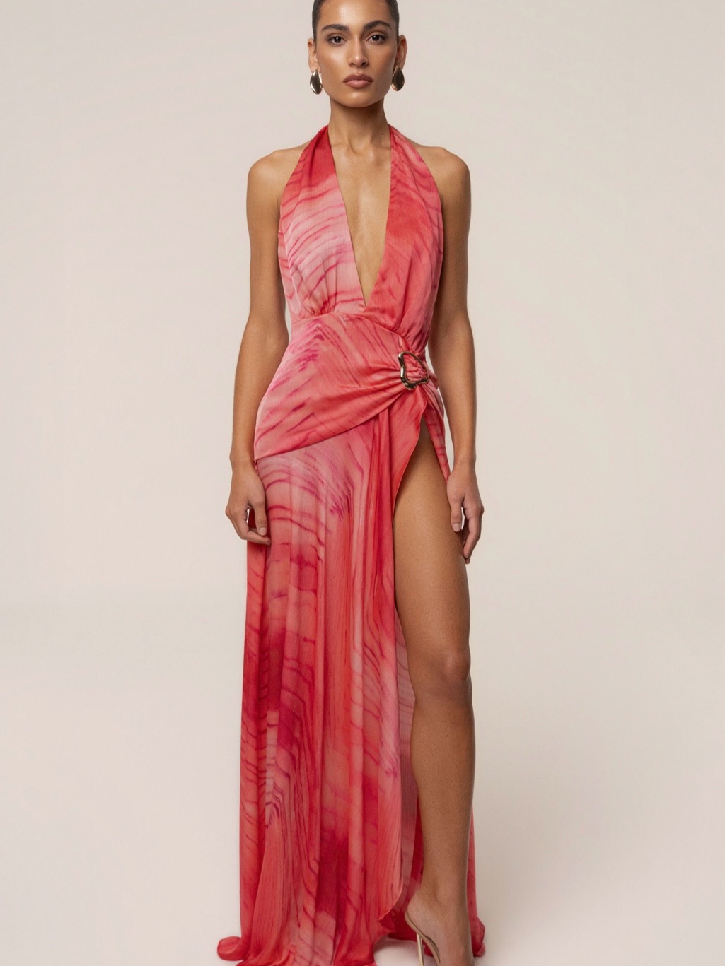 Jluxlabel One-Shoulder Red Tie-Dye Maxi Dress With Side Buckle